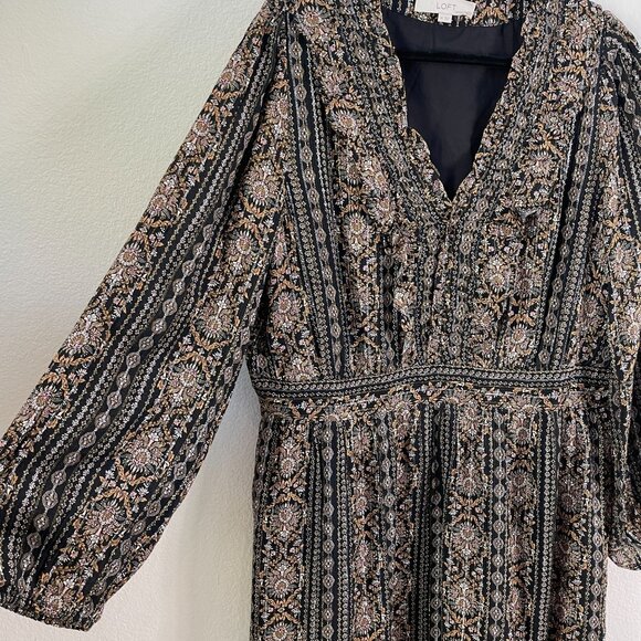 Loft Womens Plus 16 Shimmer Ruffle V Neck Flare Dress Black Metallic Long Sleeve - Picture 9 of 11